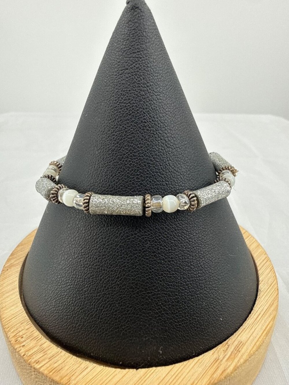 Stardust Textured Silver Tube Stretch Bracelet Clear White Beaded Stack Goth Y2K